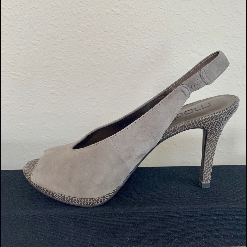 Grey suede sling back peep toe heels